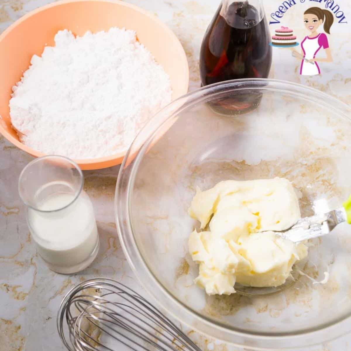 Buttercream ingredients in a bowl for vanilla cake.