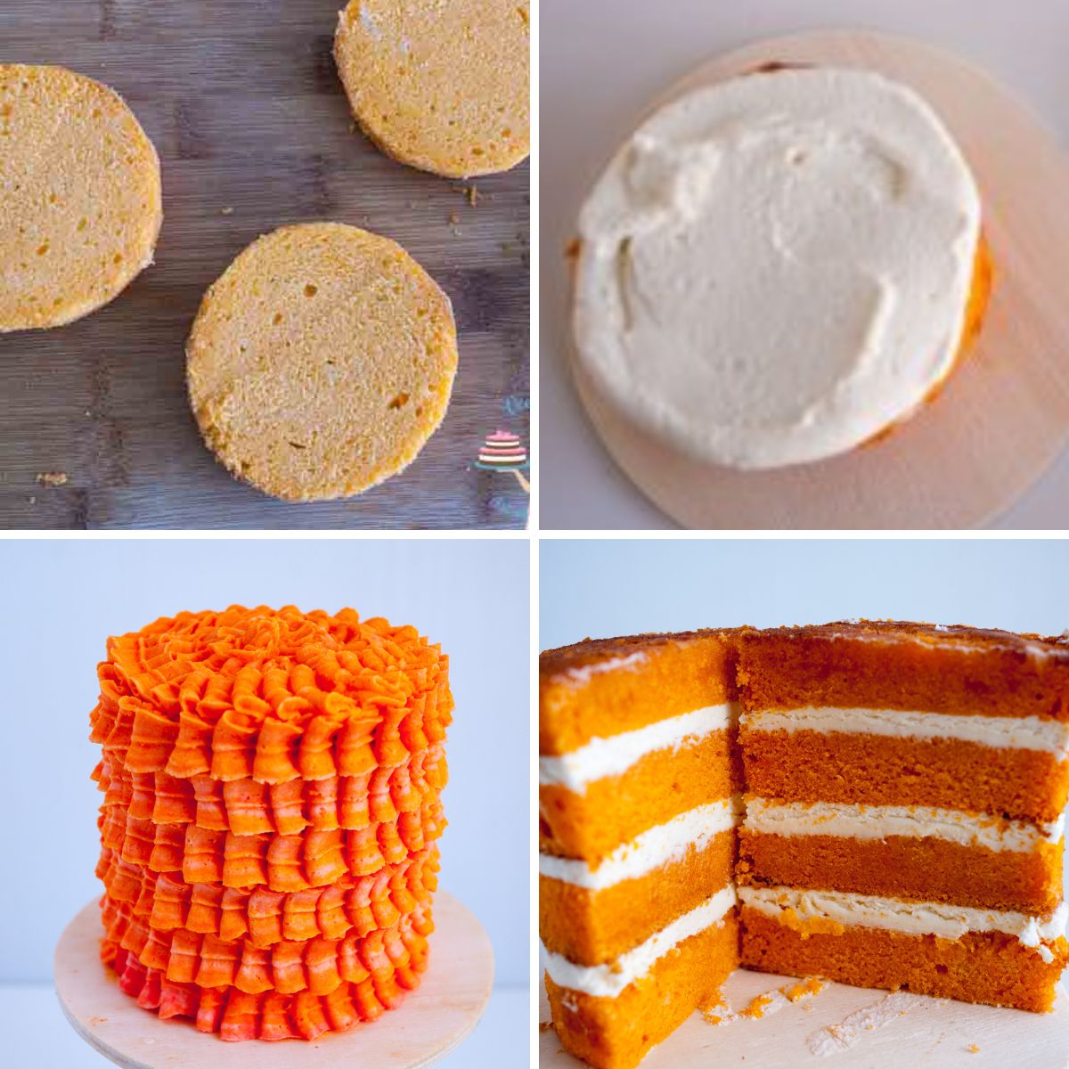 Progress pictures frosting an orange cake.