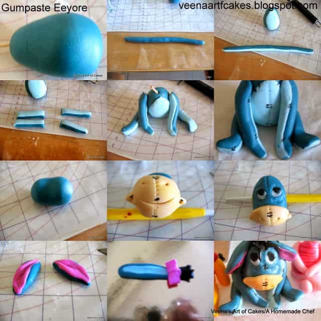 A collage of making gum paste figures of Winnie the Pooh characters.