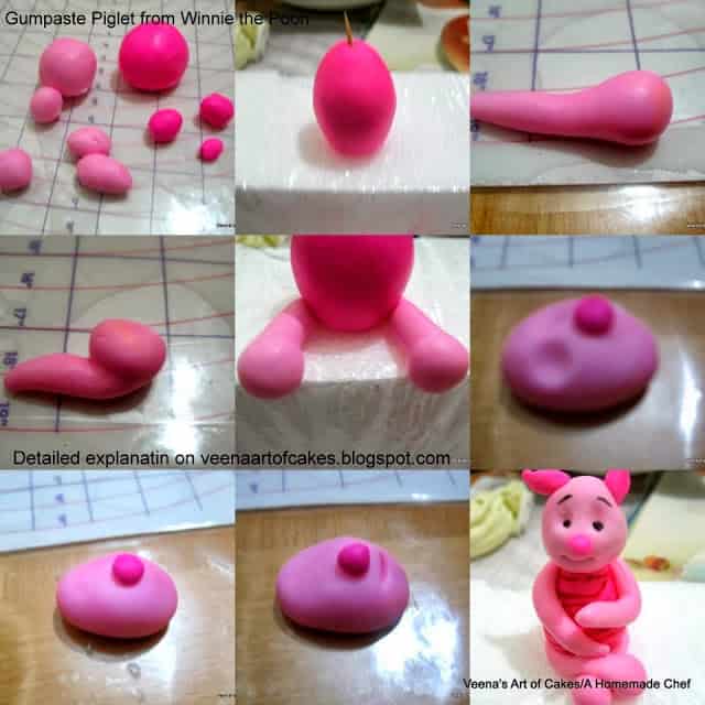 A collage of making gum paste figures of Winnie the Pooh characters.