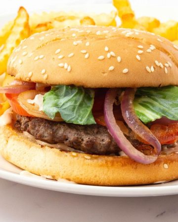 Burger with tomato and onions on a plate.