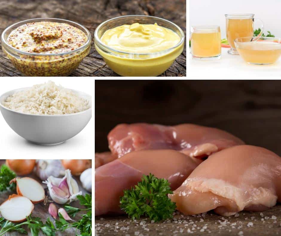 A collage of the ingredients needed to make chicken with rice.