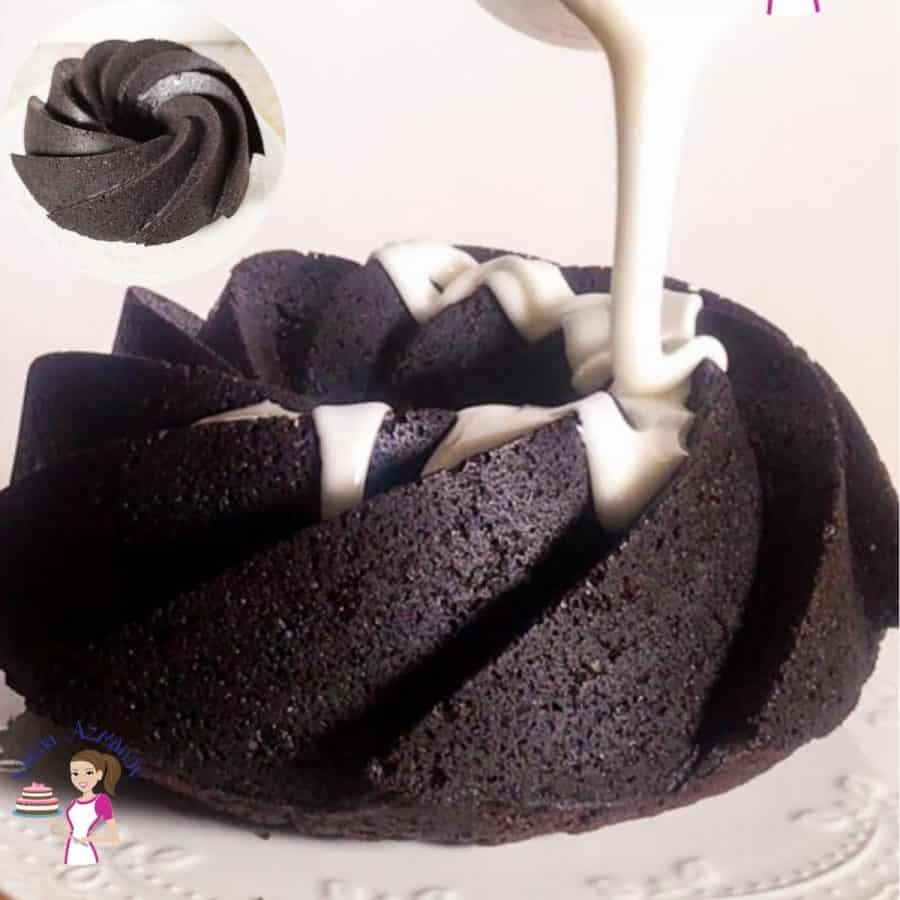 Pouring vanilla glaze on a chocolate bundt cake.