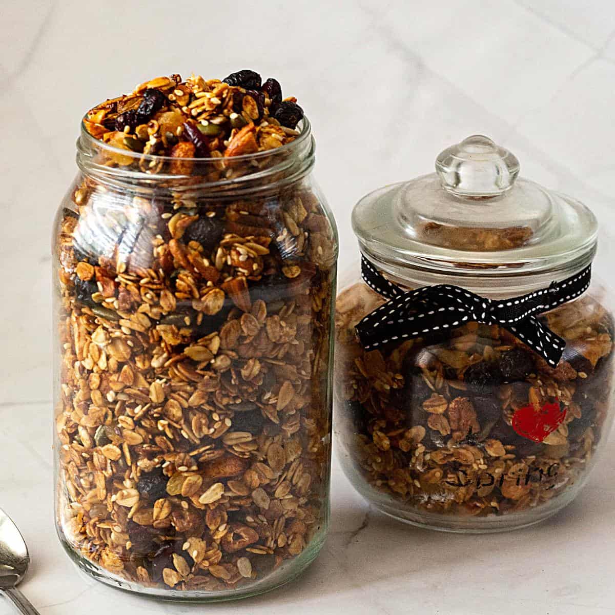 Jars of granola on the table.