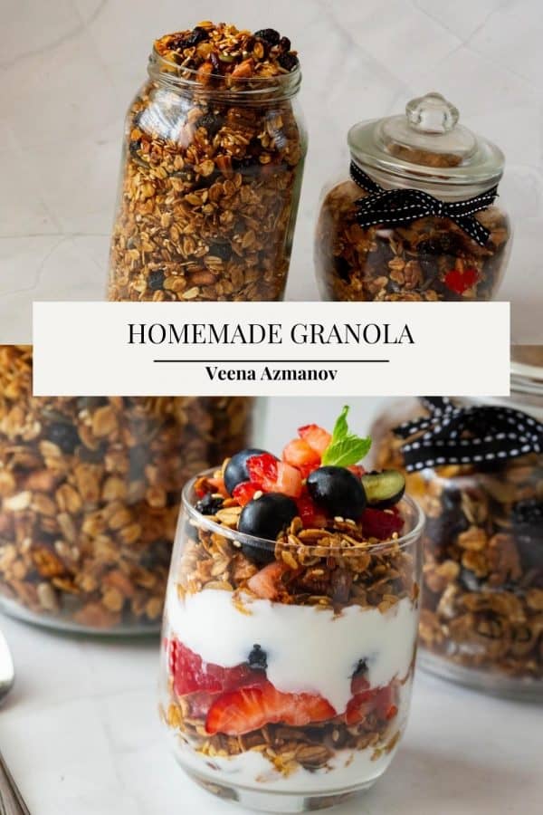 Pinterest image for Granola Homemade with Nuts and Fruits.