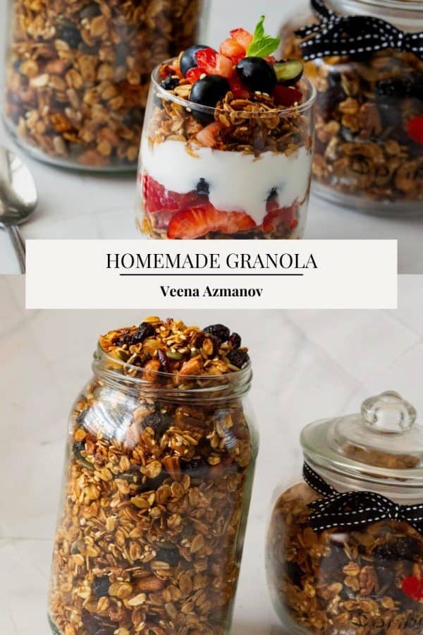 Pinterest image for Granola Homemade with Nuts and Fruits.