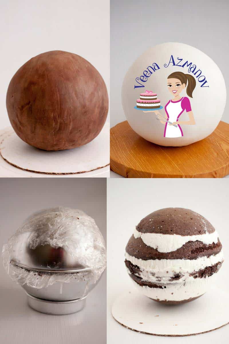 Progress photos of making a perfect sphere shaped cake.