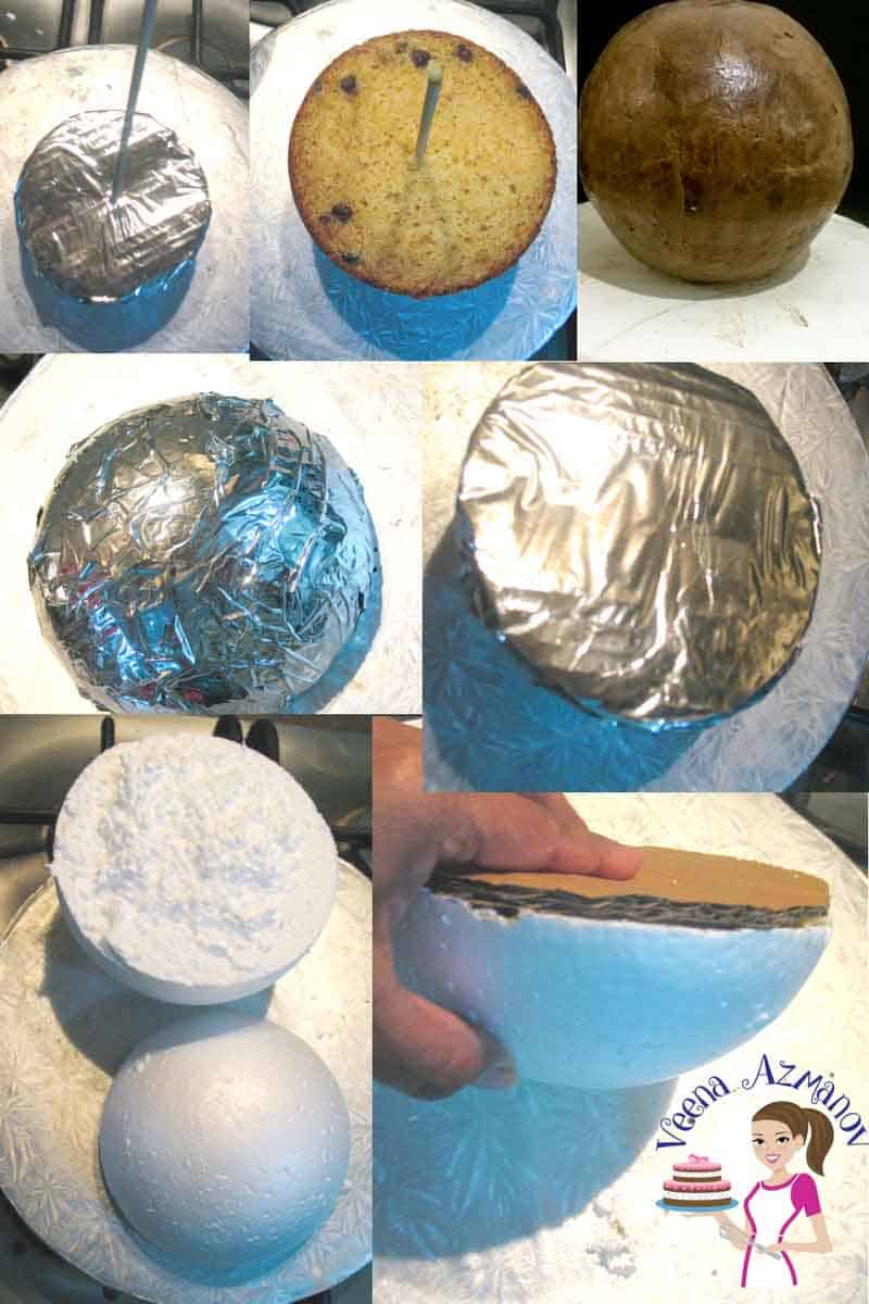Progress photos of making a perfect sphere shaped cake.