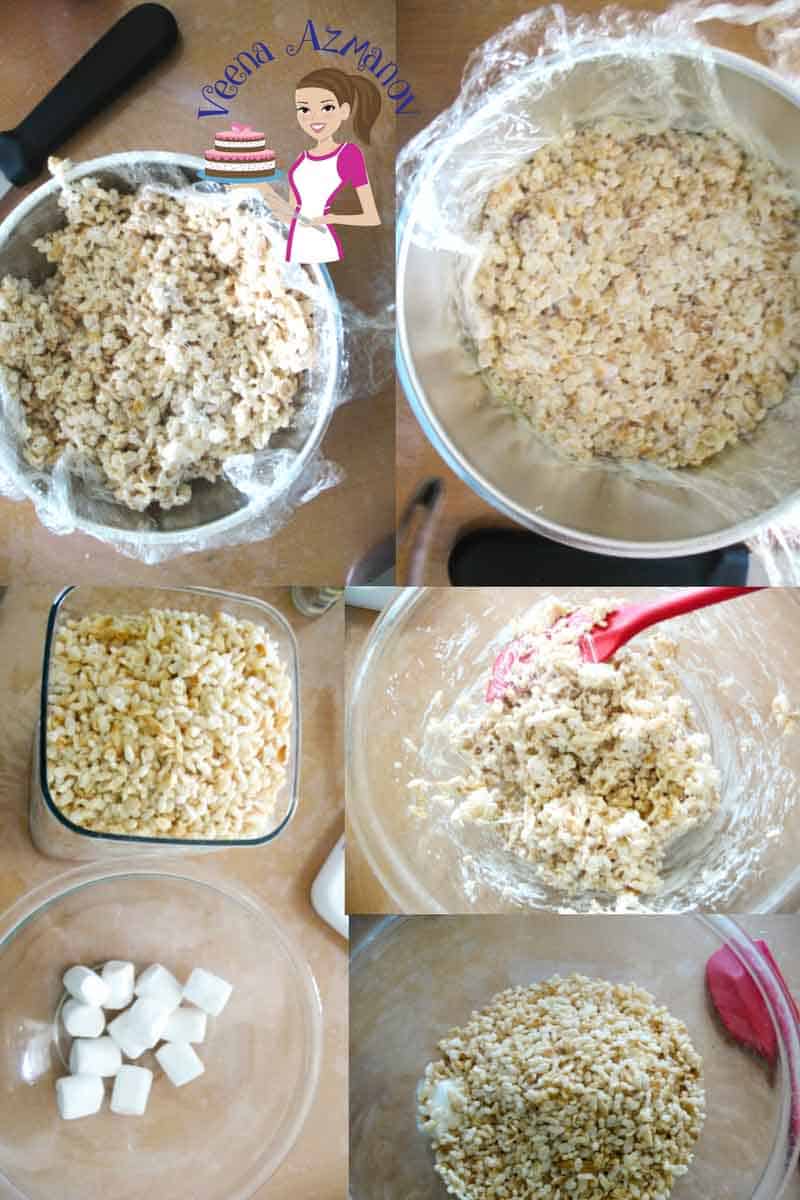 Progress photos of making a perfect sphere shaped cake using Rice Krispy treats.