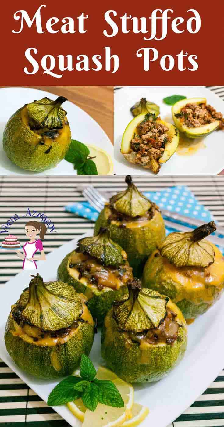 These baked meat stuffed squash make an impressive presentation for entertaining or just when you need to dress the dinner table. This simple, easy and effortless recipe is Moroccan inspired using exotic spices such as smoked cumin and ginger. Today we've used ground turkey as a much healthier substitute for ground beef. Pinterest Optimized Image for these Moroccan Stuffed Squash aka Meat Stuffed Squash Pots which make impressive appetizers or sides.
