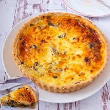 Quiche on a table with mushrooms.
