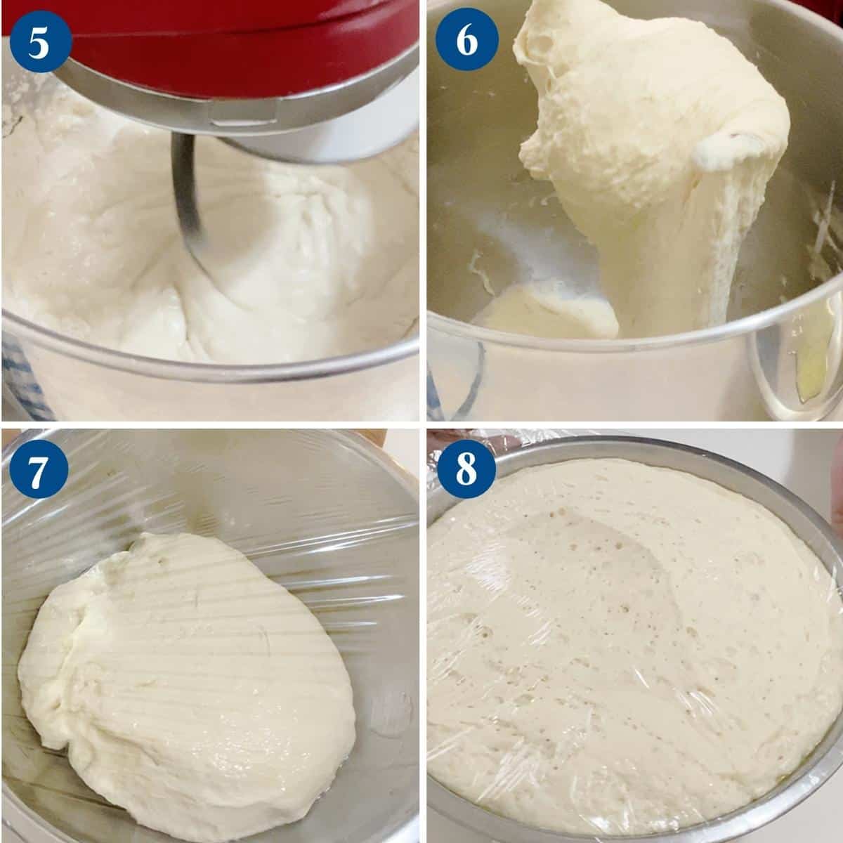 Progress pictures collage making focaccia dough.