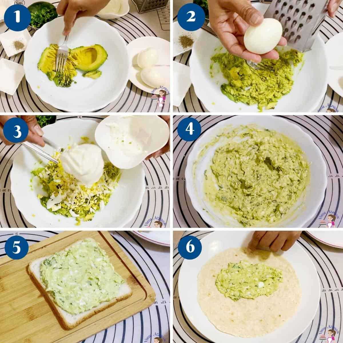 Progress pictures making avocado egg sandwich.