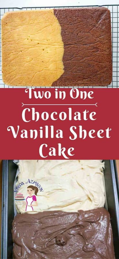A Pinterest optimized image for half chocolate half vanilla sheet cake recipe using yellow cake batter for vanilla