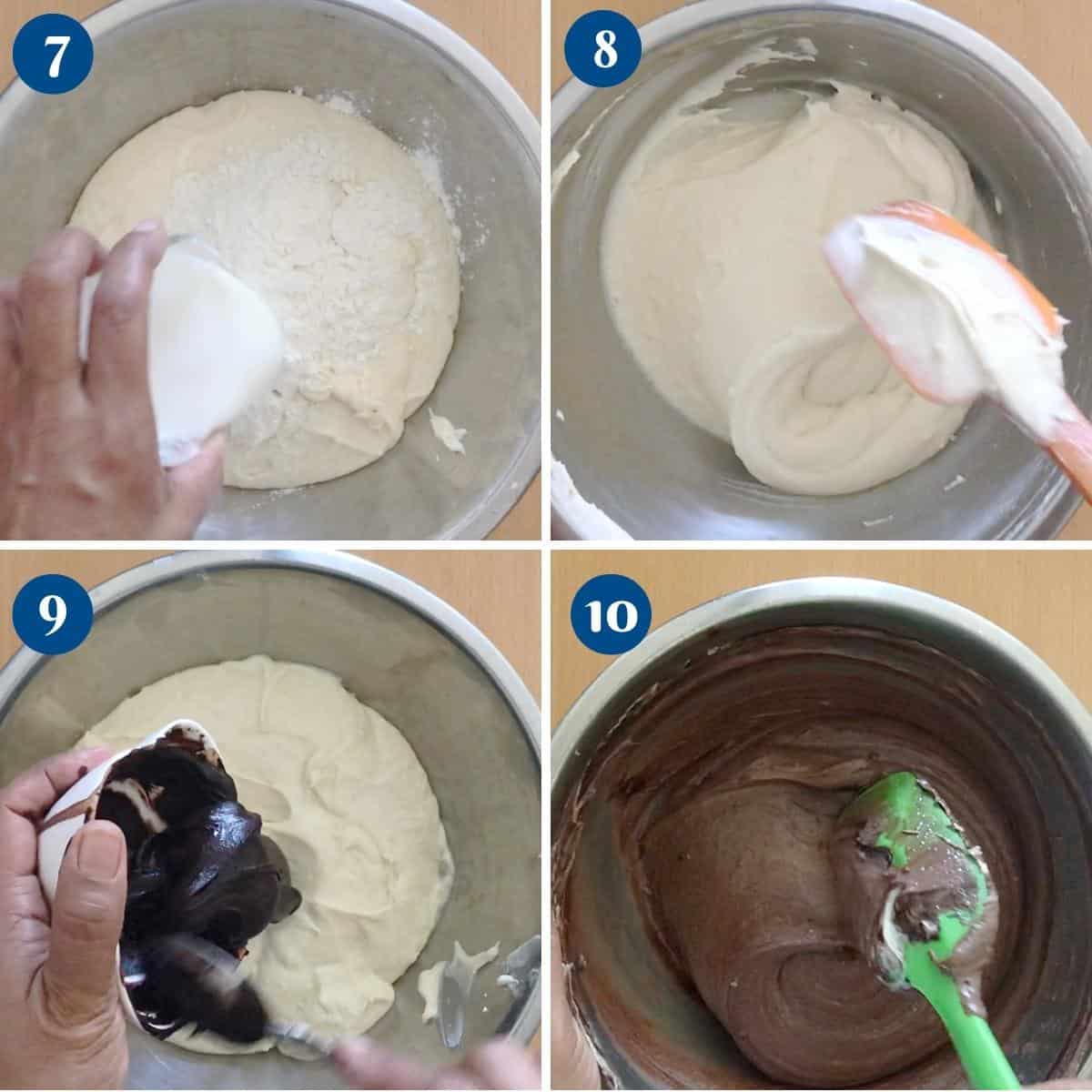 Progress pictures making chocolate and vanilla cake batter.