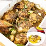Baked chicken with zaatar spice mix in a baking dish.