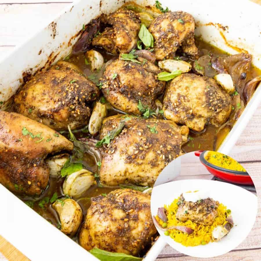 Baked chicken with zaatar spice mix in a baking dish.