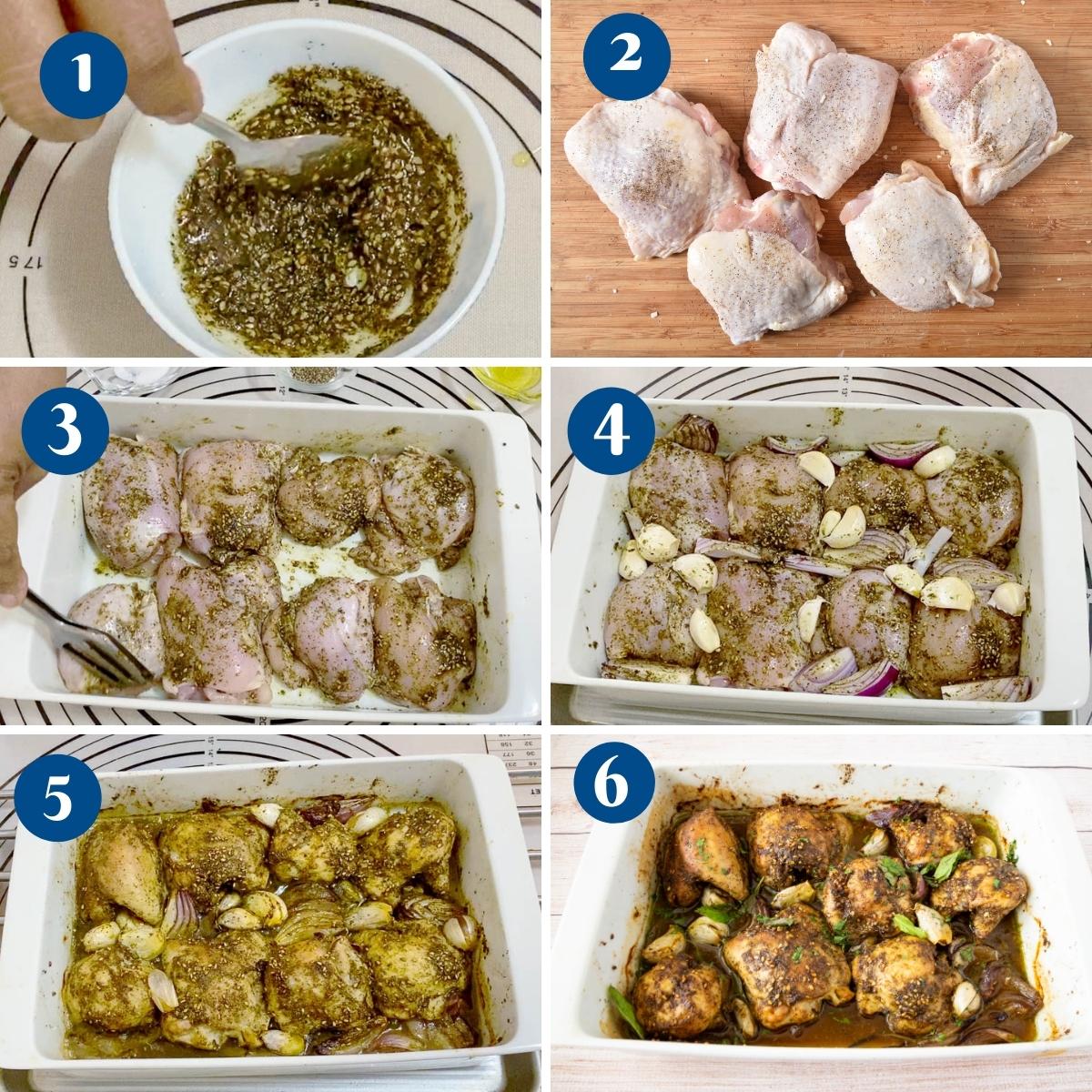 Progress pictures collage showing za'atar chicken recipe.