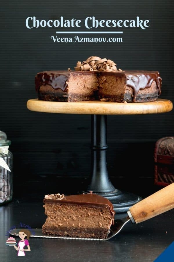 Pinterest image for baked cheesecake with chocolate.