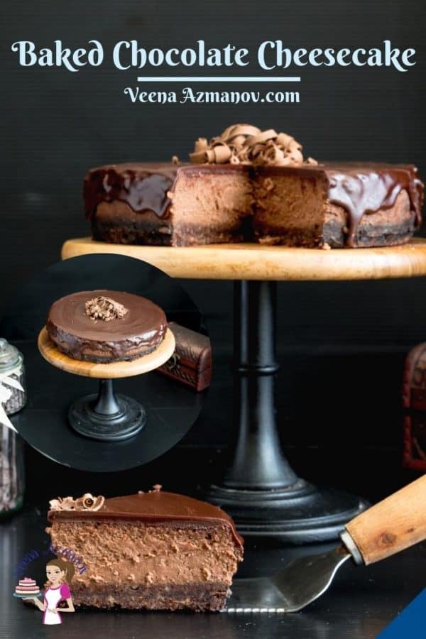 A baked cheesecake on a cake stand.