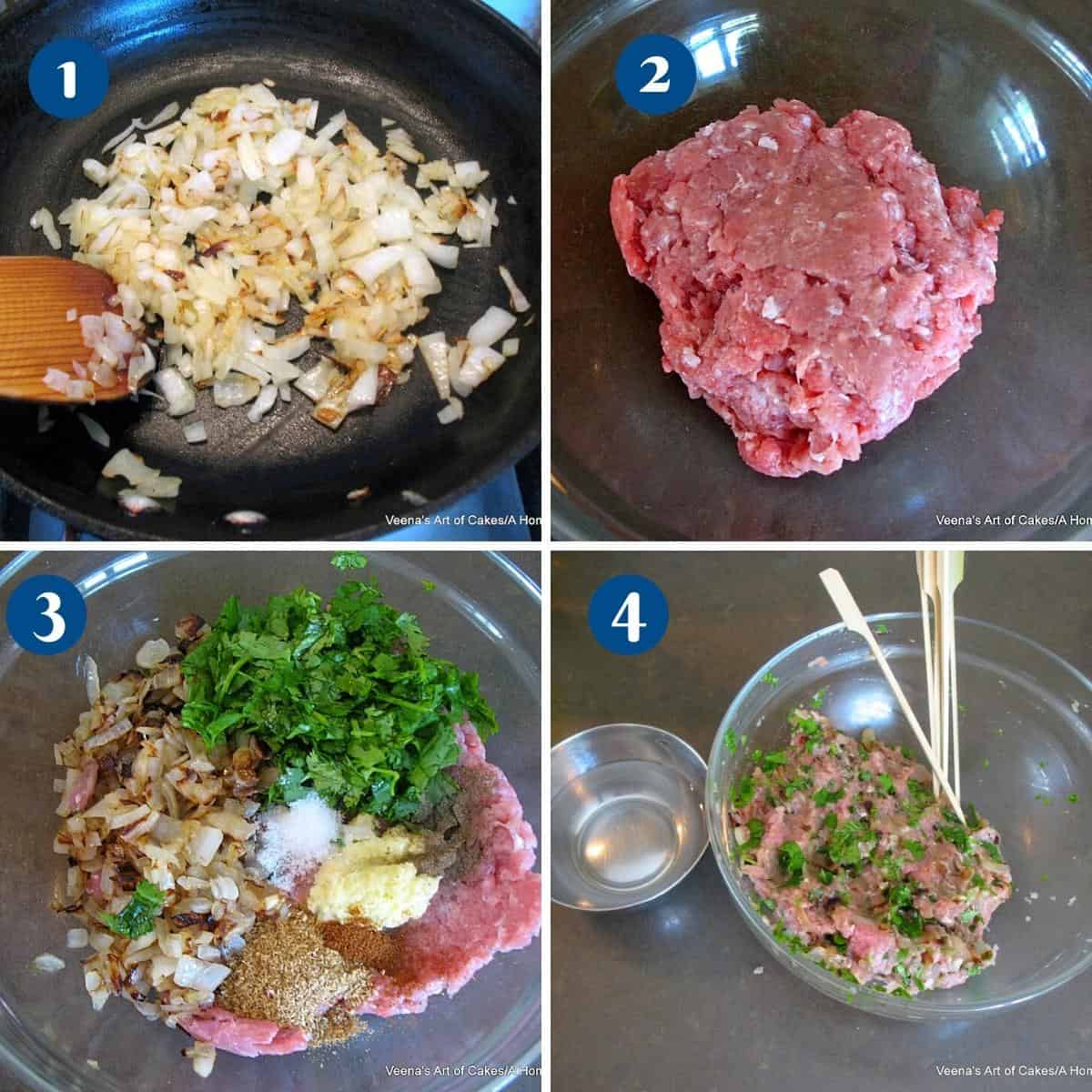 Progress pictures collage for making kebabs with ground turkey.