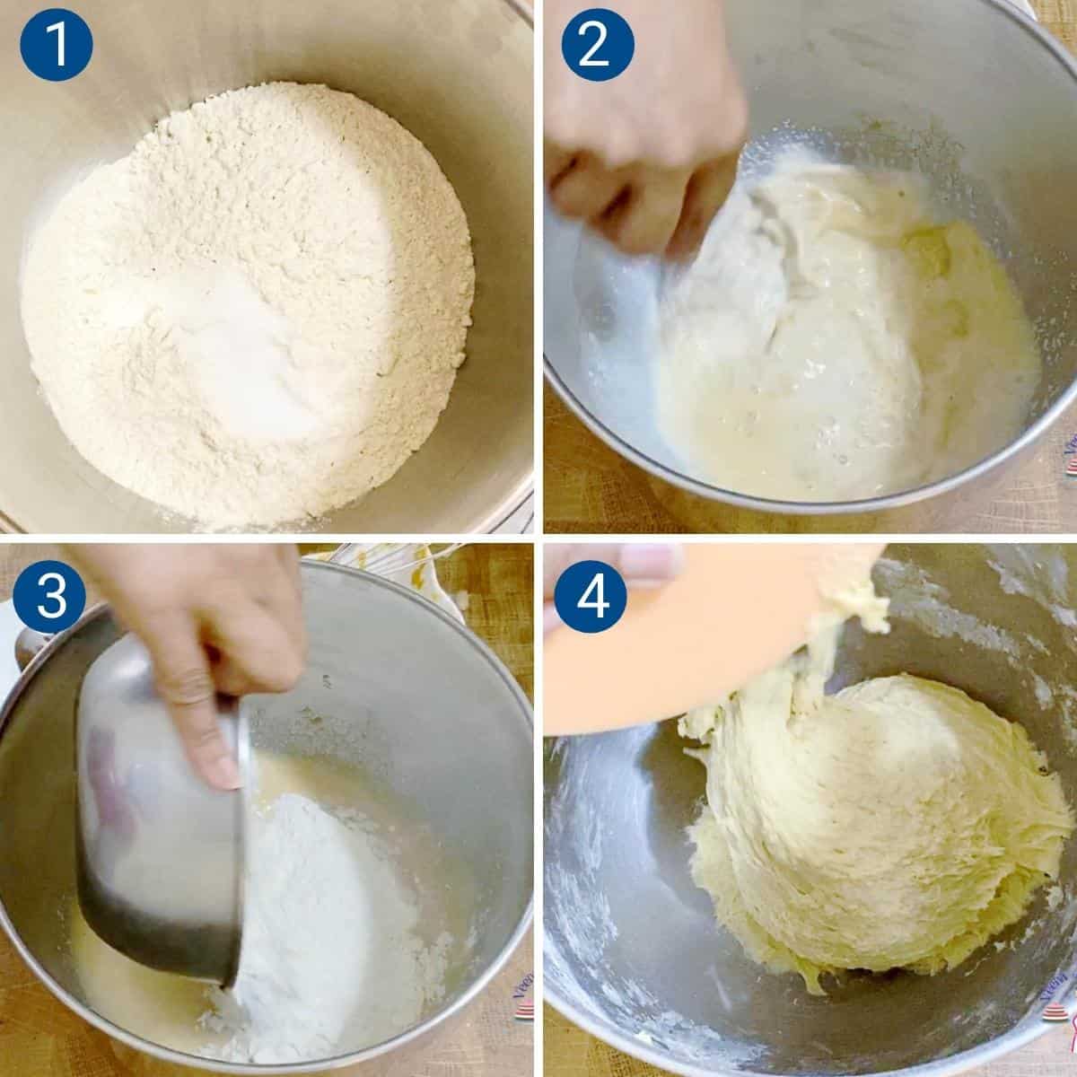 Progress pictures collage making dough for dinner rolls.