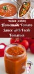 An image optimized for social sharing for this homemade tomato sauce made with fresh tomatoes with a little trick on how to get a deep bright red color.