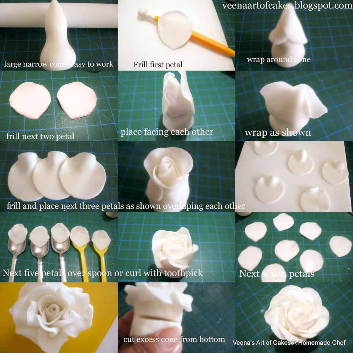 A collage of progress photos of how to make white gum paste roses.