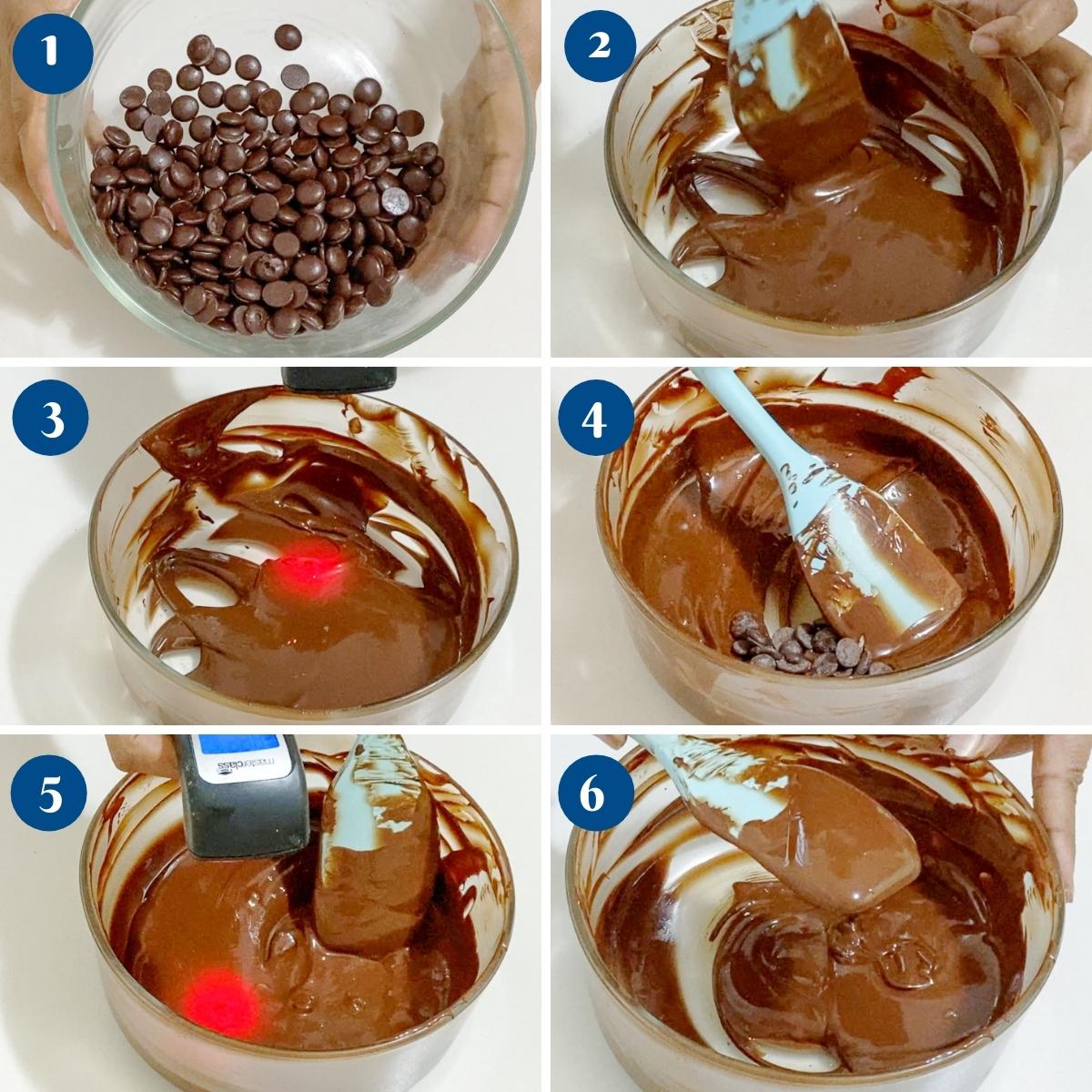 Progress pictures collage for tempering chocolate.