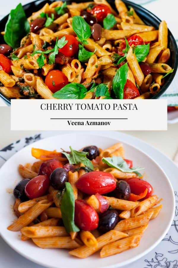 Pinterest image for pasta with cherry tomato, olives, and basil.
