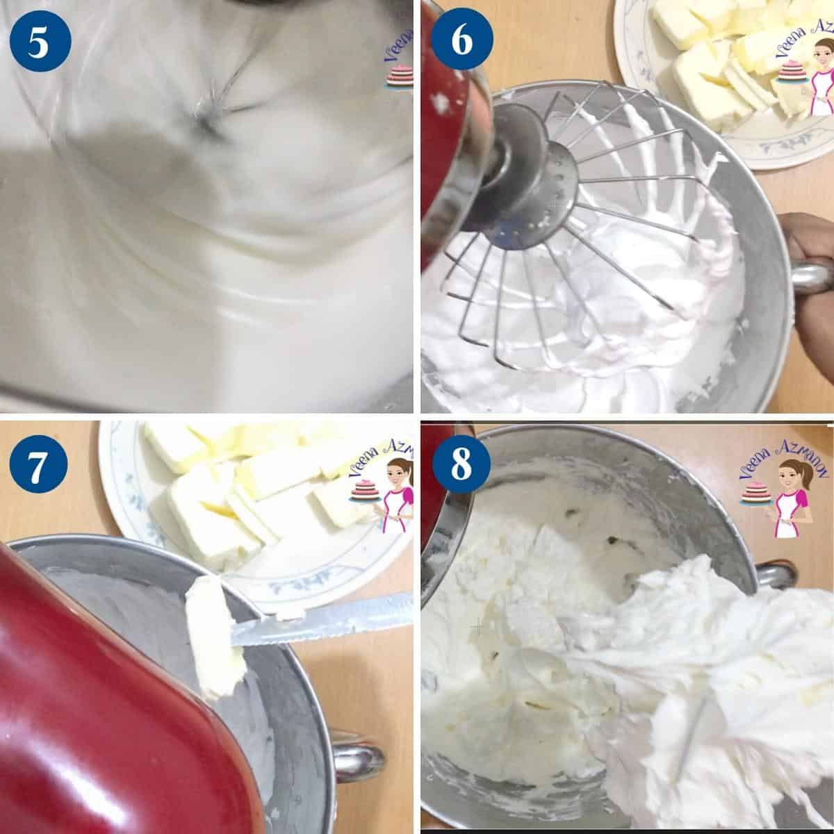 Progress pictures adding butter to the Swiss meringue.