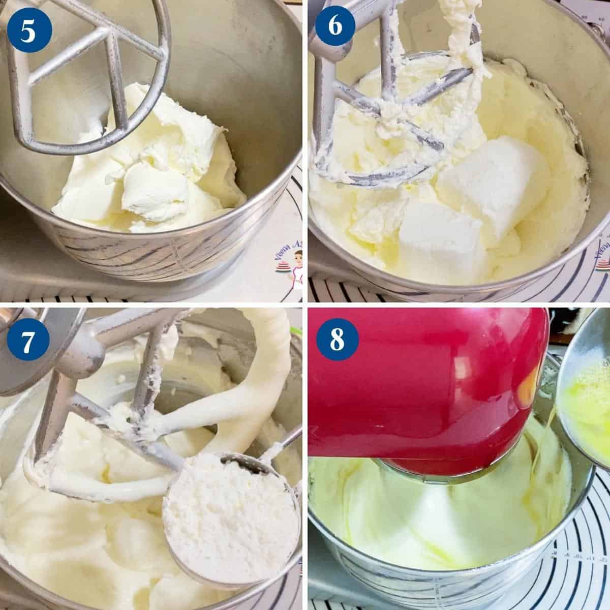 Progress pictures collage making cheesecake batter.