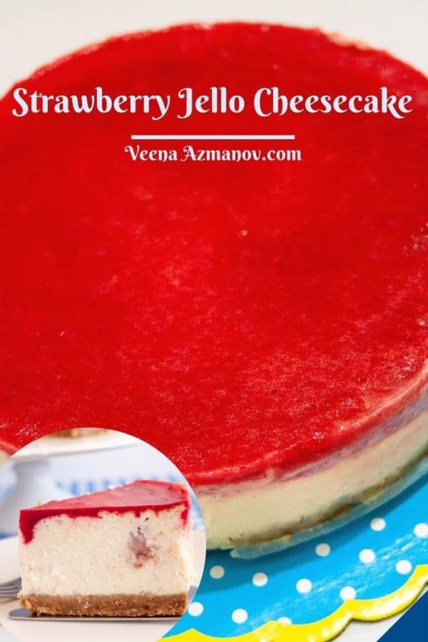 Pinterest image for strawberry jello cheesecake.
