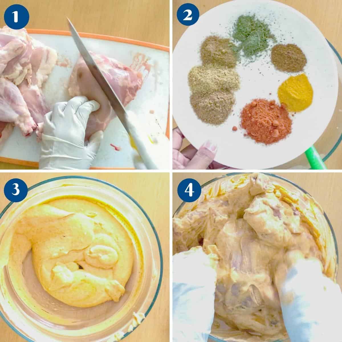 Progress pictures collage for chicken tandoori.