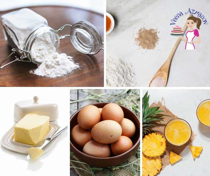 A collage of the ingredients for making Hawaiian dinner rolls.
