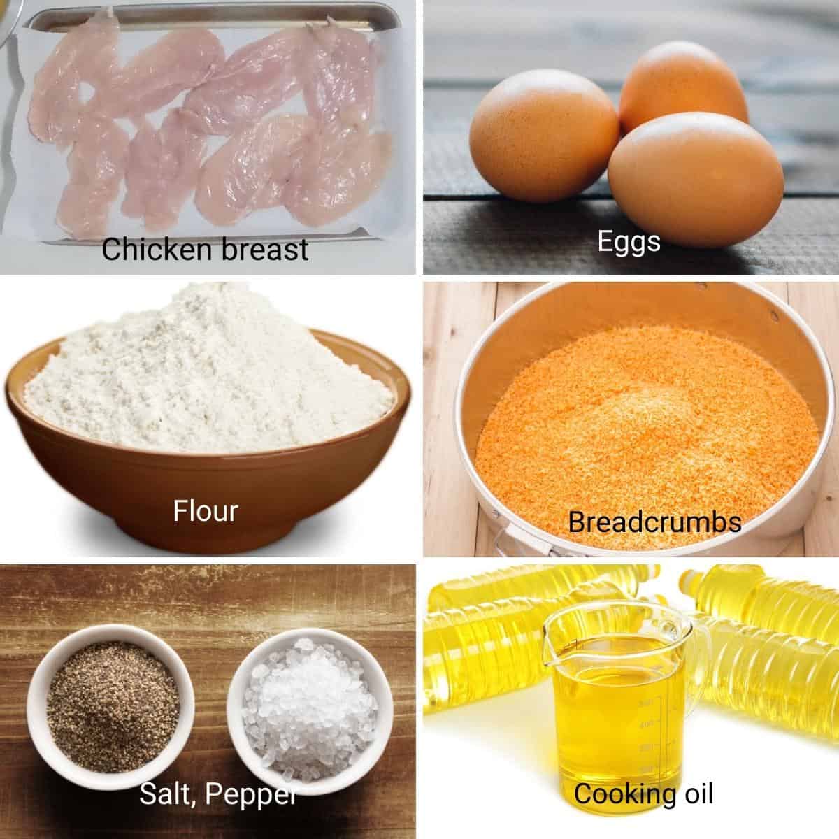 Ingredients for making chicken schnitzel.