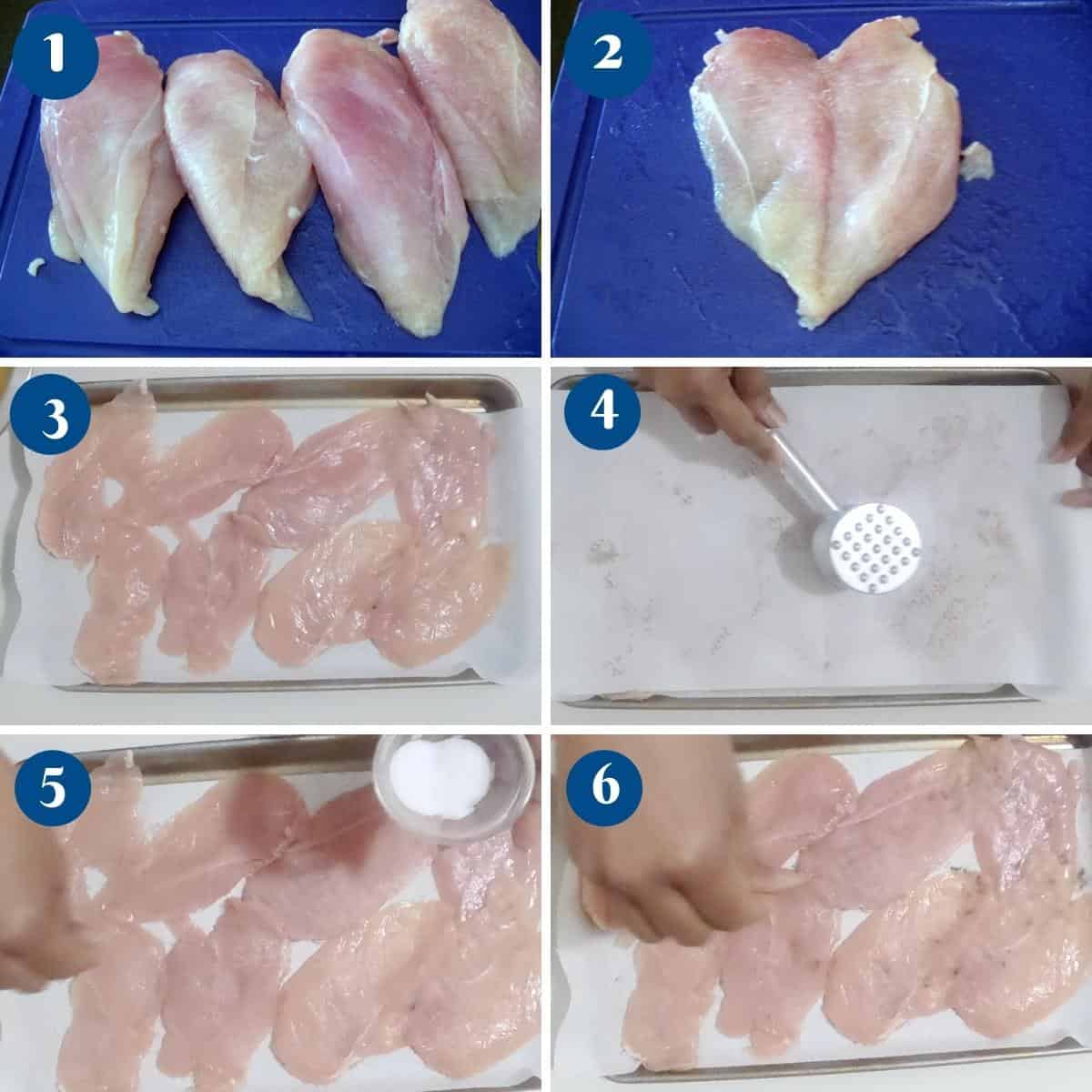 Progress pictures tenderizing the chicken with a meat mallet.