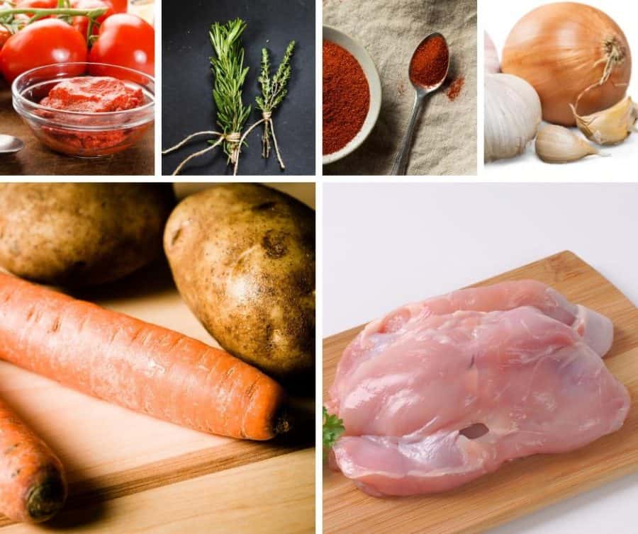 A collage of the ingredients for making roasted chicken with vegetables.