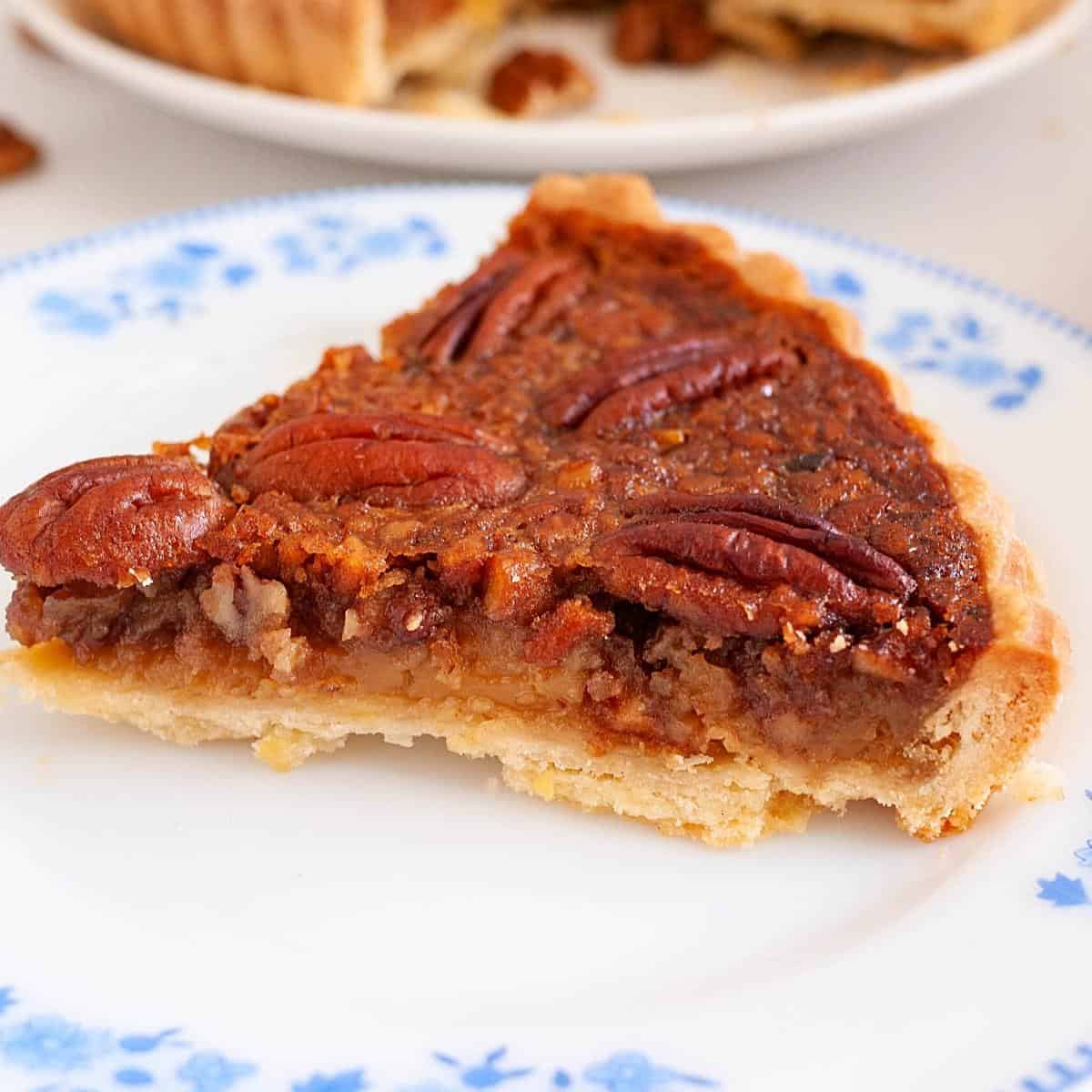 A slice of pecan tart on a plate.