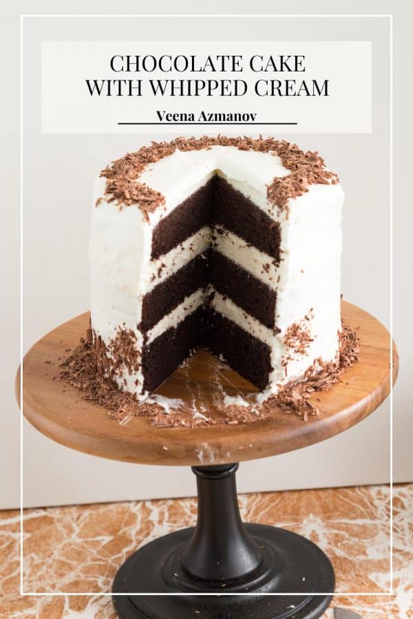 Pinterest image for chocolate cake with whipped cream.