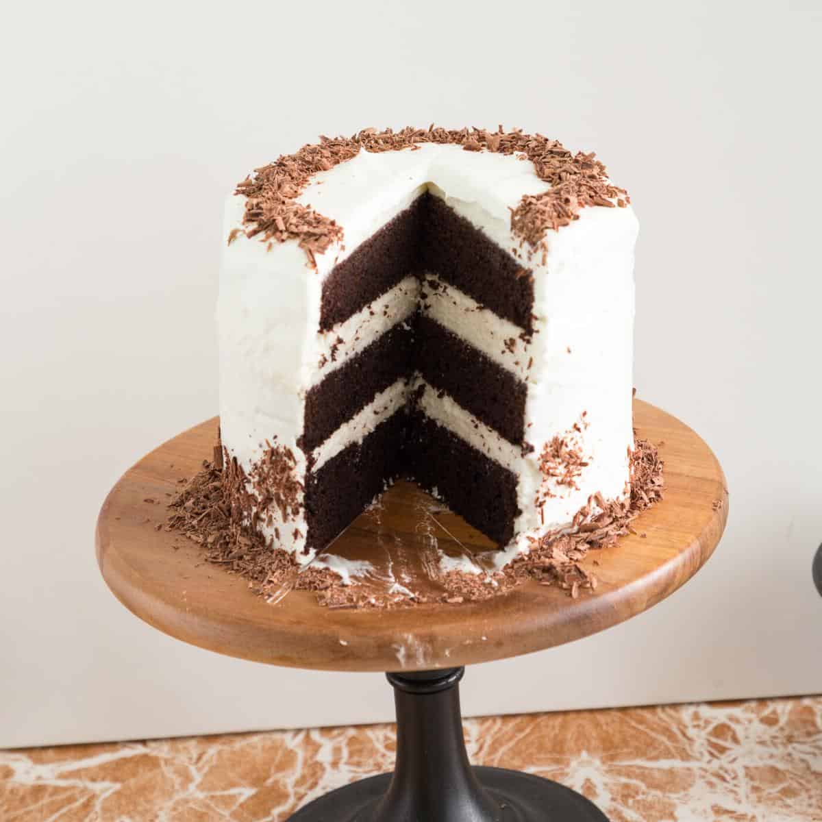A sliced chocolate cake.