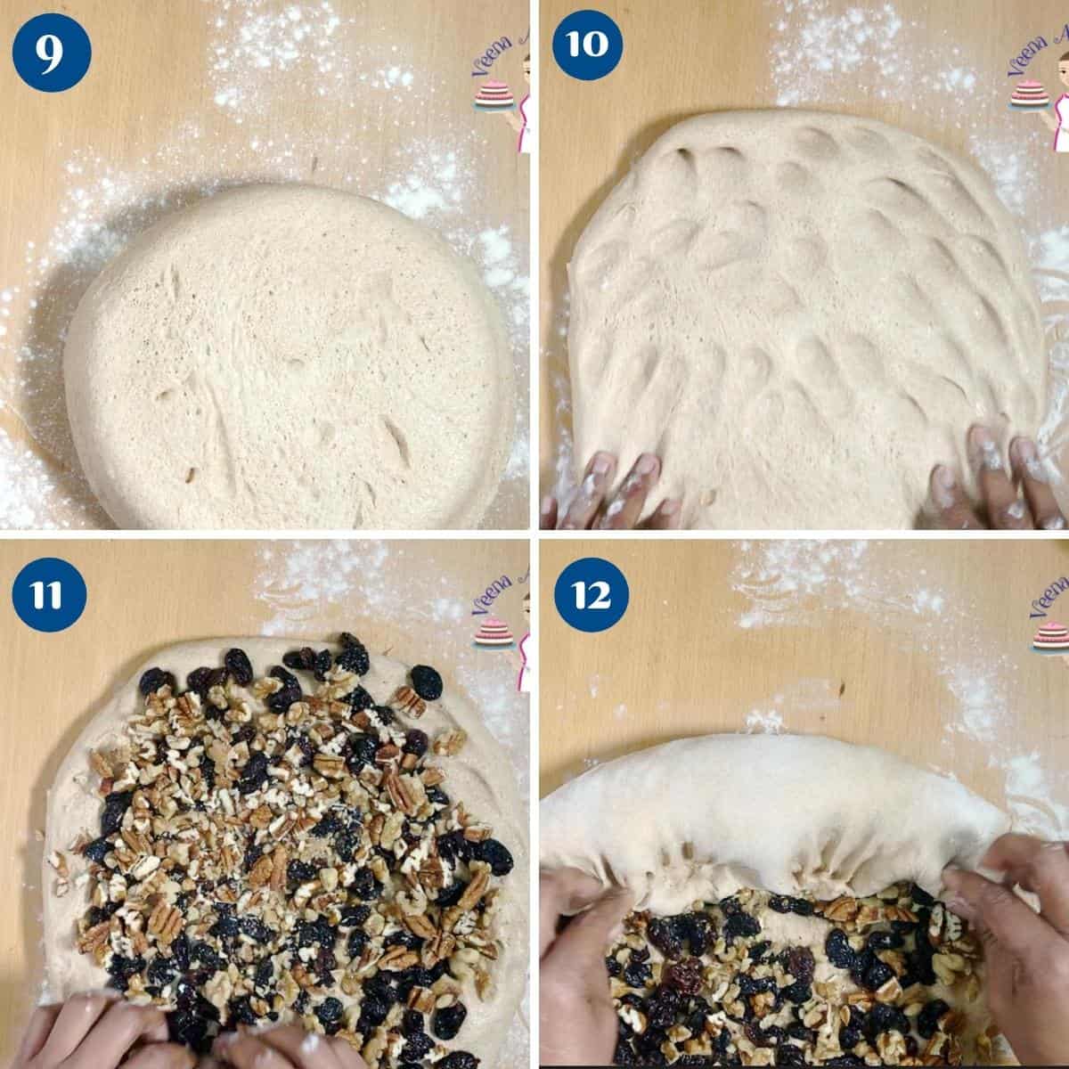 Progress pictures collage for bread with raisins and walnuts.