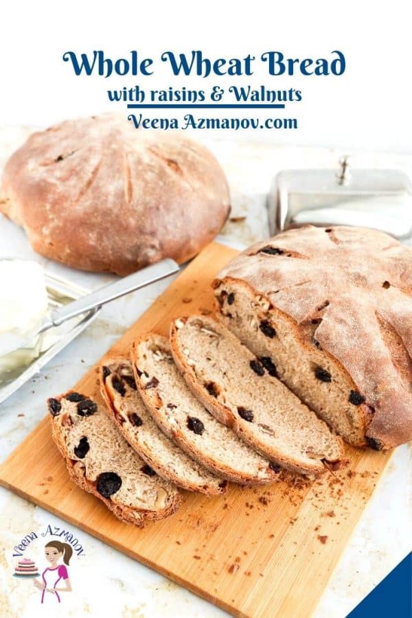 Pinterest image for raisin walnut bread.