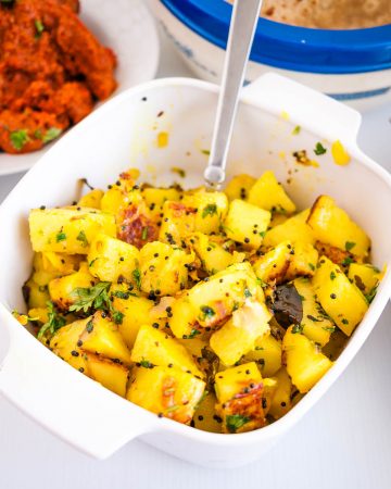 A dish with Indian potatoes spiced.