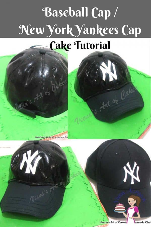 A cake decorated to look like a New York Yankees baseball cap.