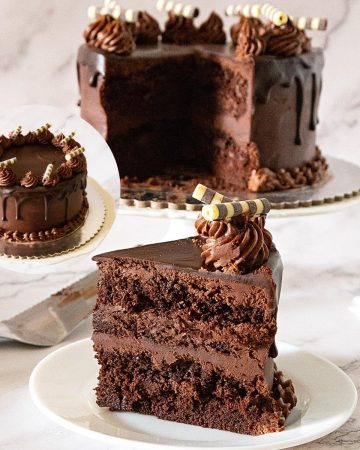Chocolate cake on the cake stand.