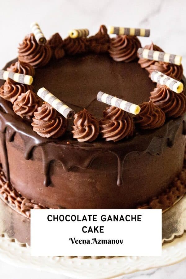 Pinterest image for chocolate cake with chocolate ganache frosting.