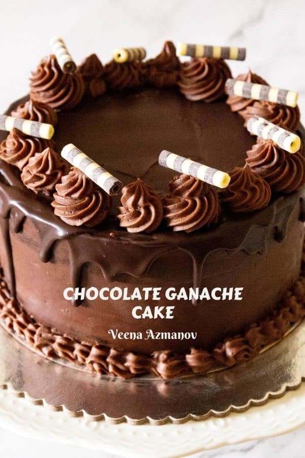 Pinterest image for chocolate cake with chocolate ganache frosting.