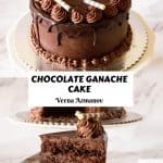 Pinterest image for chocolate cake with chocolate ganache frosting.