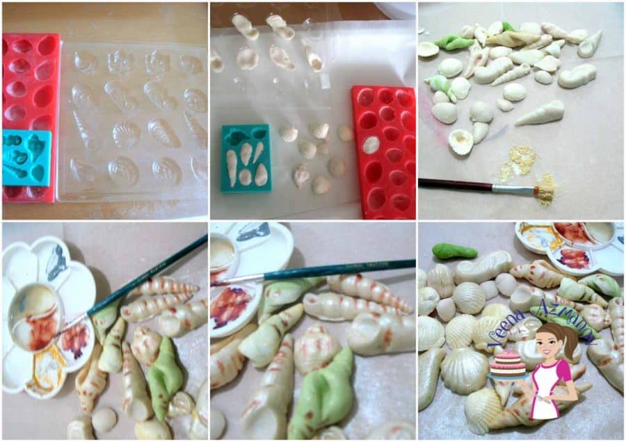 Progress photos of how to make a gum paste sea shells for ocean theme cakes.